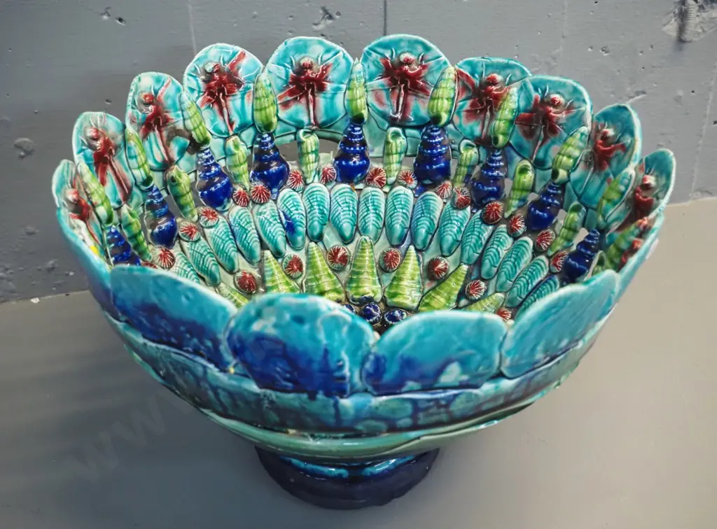 large majolica style pottery bowl with shell and dragonly motifs - has obvious repair H-210 D-330 Image 1++