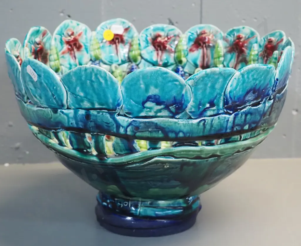 large majolica style pottery bowl with shell and dragonly motifs - has obvious repair H-210 D-330 Image 1++