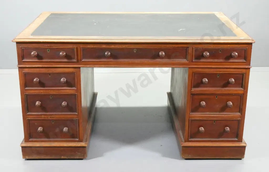 antique mahogany 9-drawer double pedestal desk w/key escutcheons & locks, wear to leatherette top, polish Image 1++
