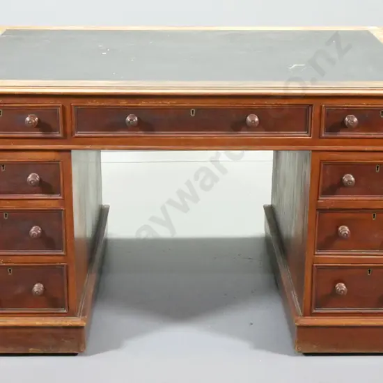 antique mahogany 9-drawer double pedestal desk w/key escutcheons & locks, wear to leatherette top, polish