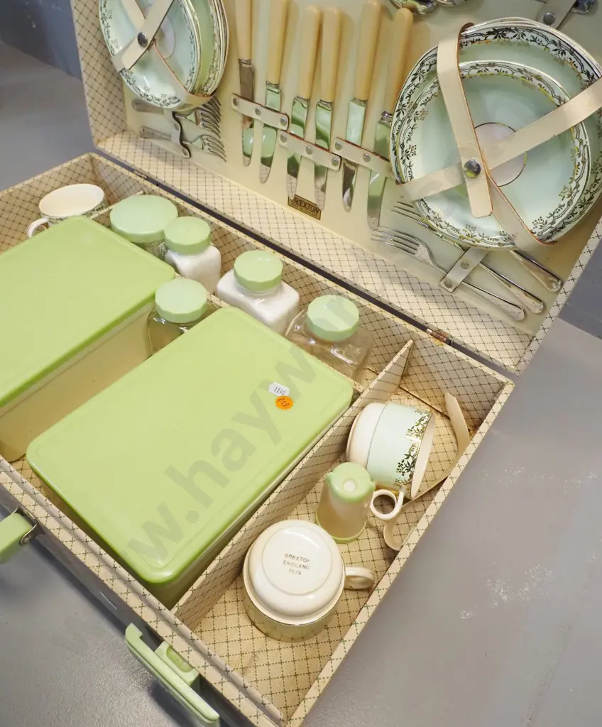 retro Brexton picnic set with bone china tableware, bone handled knives, plastic containers and condiments, H150 W570 Image 1++