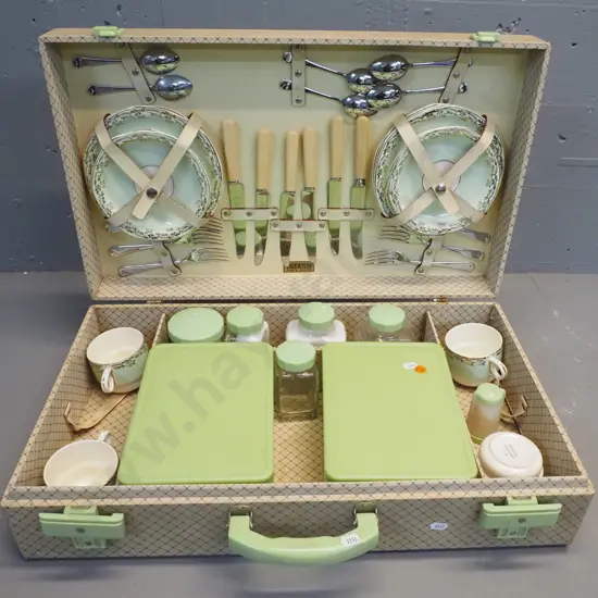 retro Brexton picnic set with bone china tableware, bone handled knives, plastic containers and condiments, H150 W570