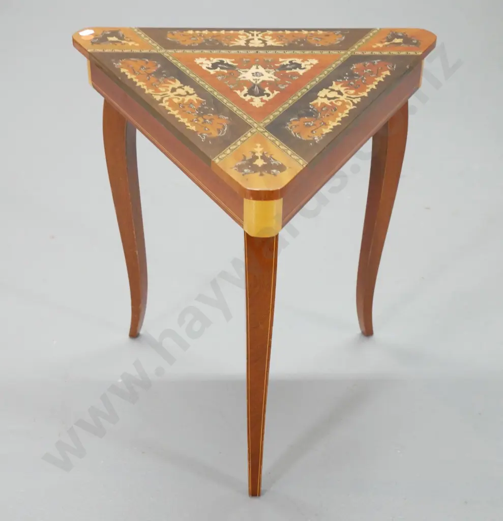 Sorrento style triangular table with lift up top, music mechanism not working H430 Each side 365 Image 1++