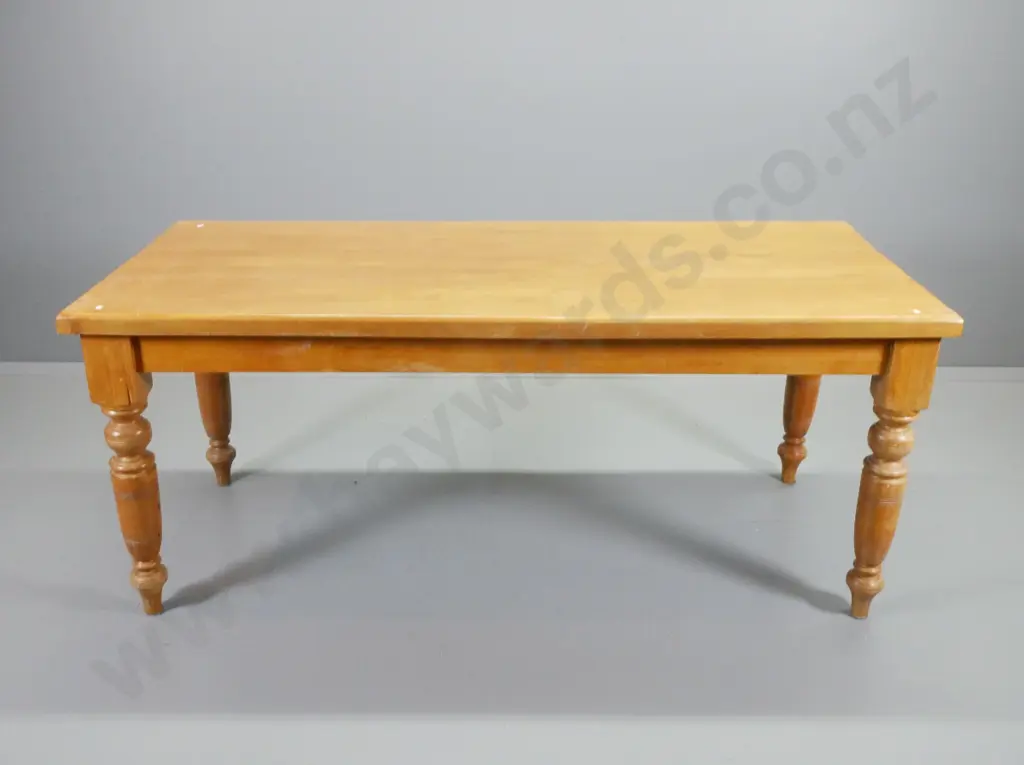 vintage kauri farmhouse kitchen table with turned legs, repairs to cracks in top, scratches, H750 L1790 W810 Image 1++