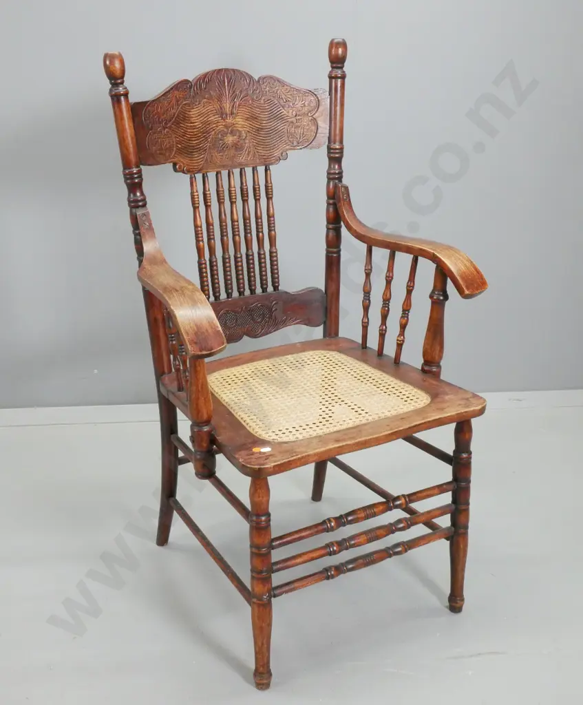 vintage oak elbow chair w/ spindle and press-carved back, bergere cane seat H-1030 W-580 D-480 Image 1++