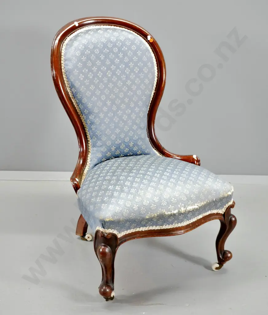 Victorian carved mahogany lady's chair, patterned damask, original porcelain casters, crack & movement in back H890 W540 Image 1++