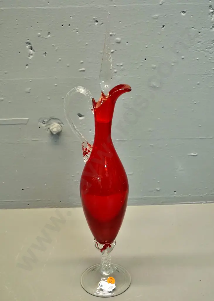 Italian red and clear glass jug - some damage to tip of stopper H480 Image 1++