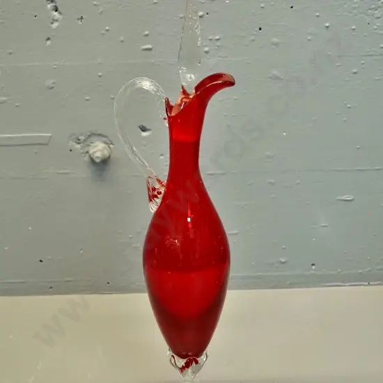 Italian red and clear glass jug - some damage to tip of stopper H480