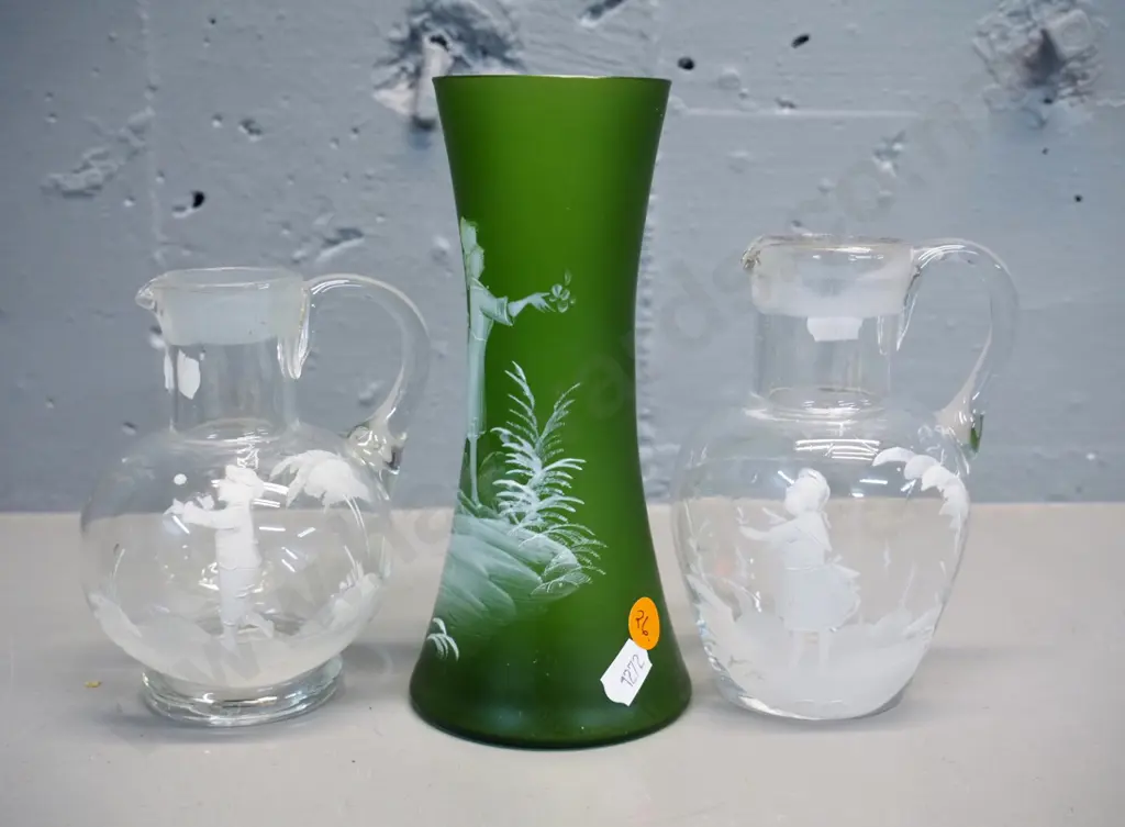 3 pieces vintage Mary Gregory style glass - frosted green vase H175 and 2 clear sauce jugs, no stoppers Image 1++