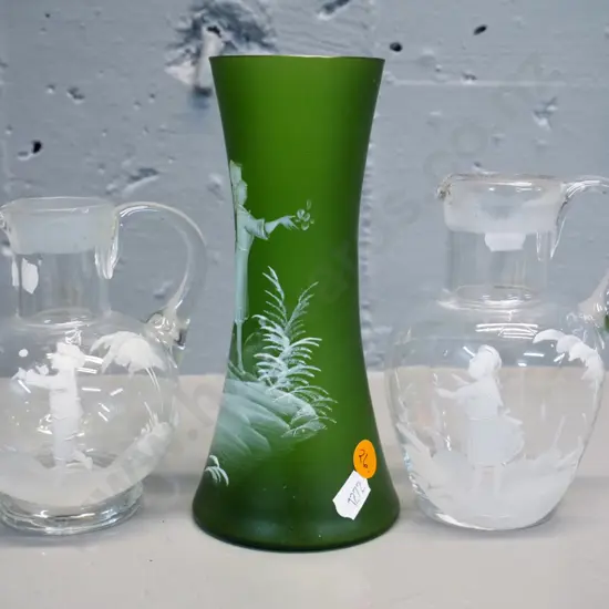3 pieces vintage Mary Gregory style glass - frosted green vase H175 and 2 clear sauce jugs, no stoppers