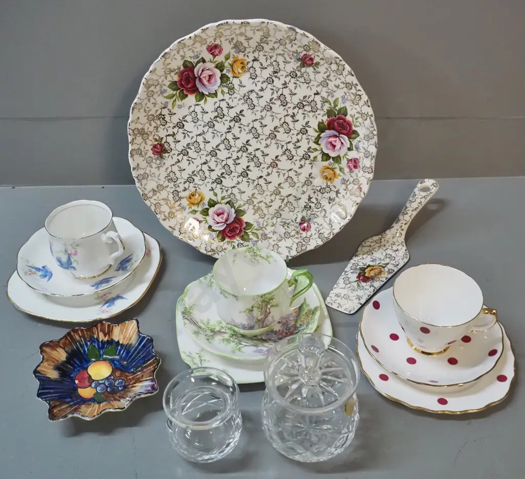 3 trios - 2 Royal Albert - Old Foley cake plate (& server w/mend) Webb Corbett honey jar & small vase, Tunstall pin dish Image 1++