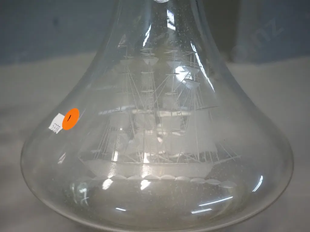 Romanian etched glass ships decanter & 6 glasses - all with etched sailing ship design, one glass has chip Image 1++