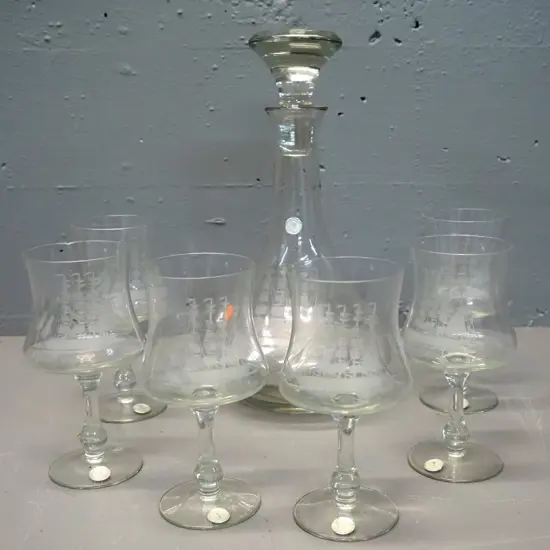 Romanian etched glass ships decanter & 6 glasses - all with etched sailing ship design, one glass has chip