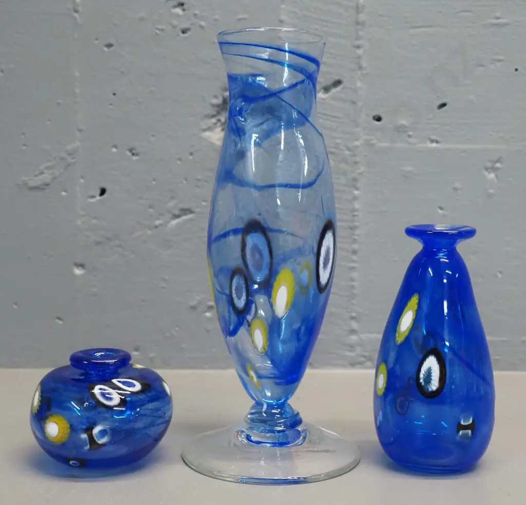 3 blue art glass vases with mille fiore style motifs - tallest is H-220 Image 1++