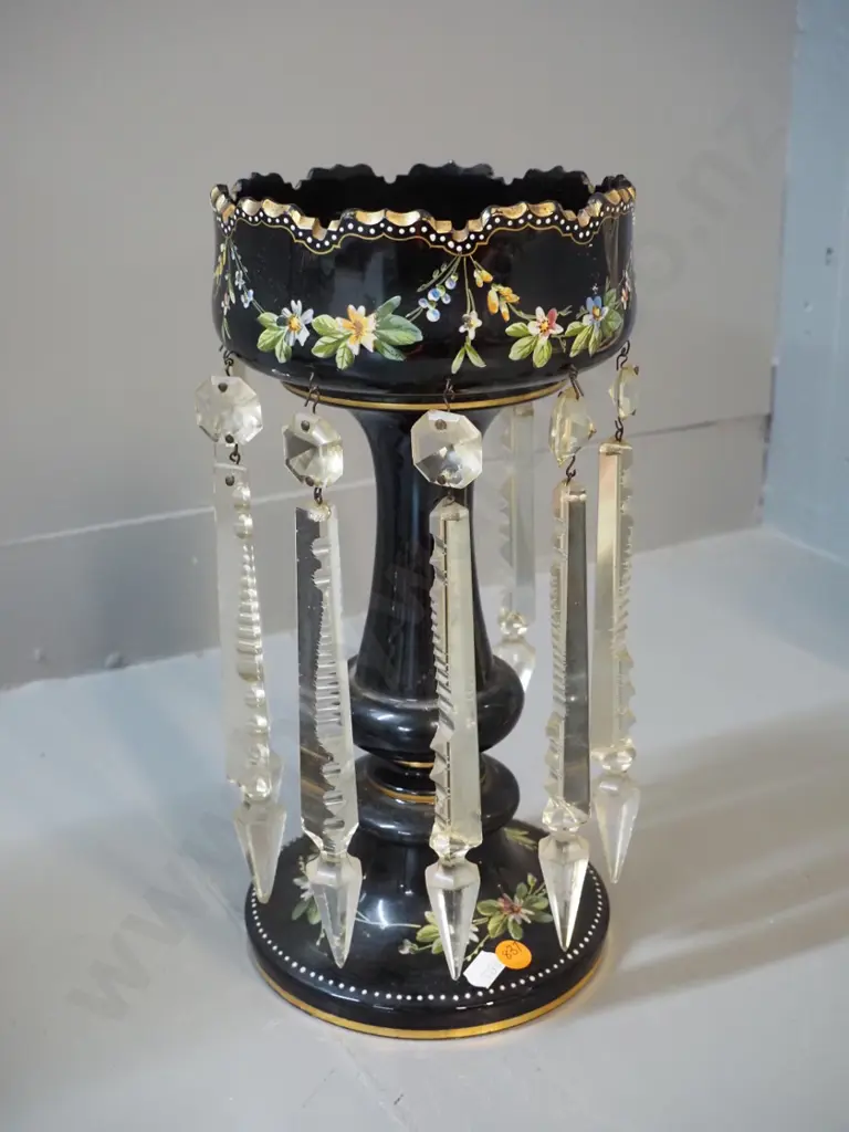 black glass hand-painted lustre vase, one lustre missing and one loose  H-310 D-150 Image 1++