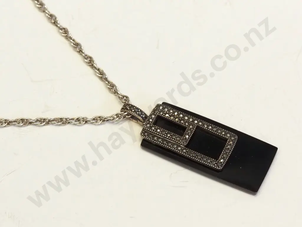 silver onyx & marcasite pendant - chain & pendant both stamped 925 Image 1++