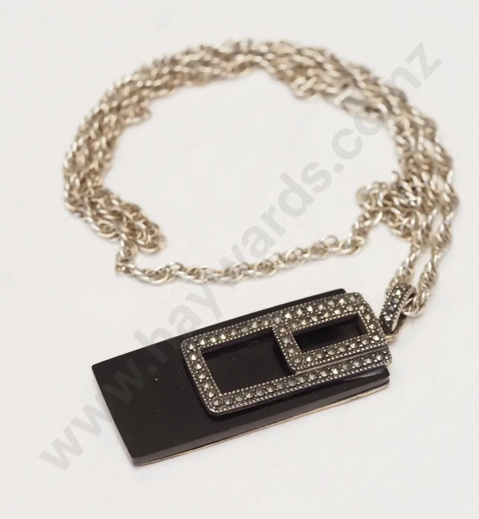 silver onyx & marcasite pendant - chain & pendant both stamped 925 Image 1++