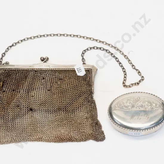 small silver trinket box stamped stg sil & silver mesh purse [some holes in mesh] stamped lion, shield,d