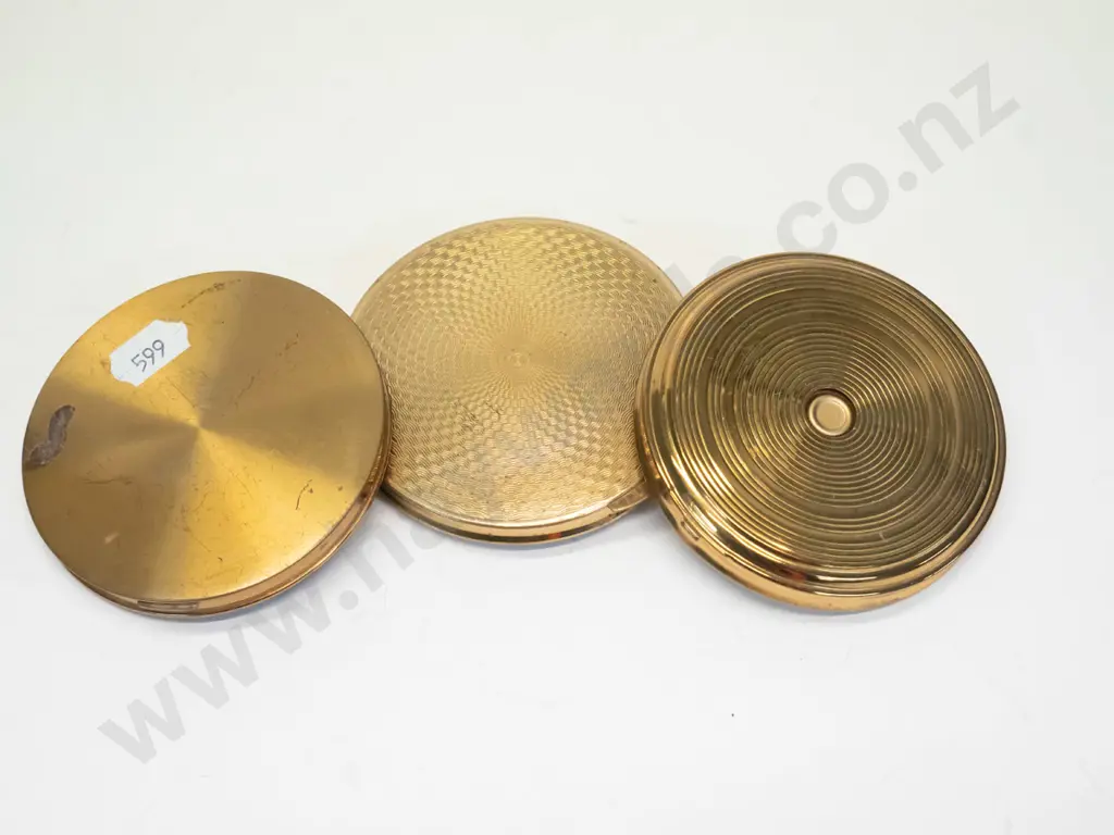 3 powder compacts - 1 with thistle, 1 with dragon, 1 with country scene also mirror is broken Image 1++