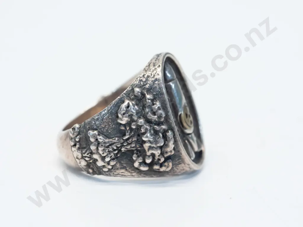 heavy silver ring with atomic bomb & trees on bridge stamped 925 Image 1++