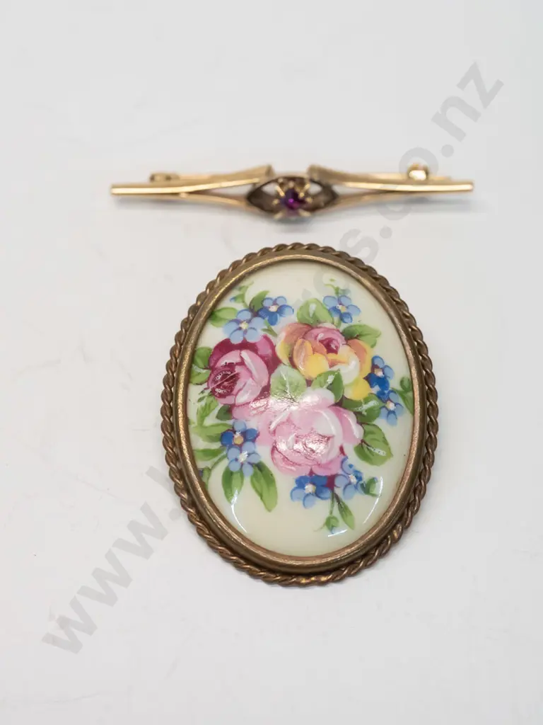 9ct bar brooch & Limoges brooch Image 1++