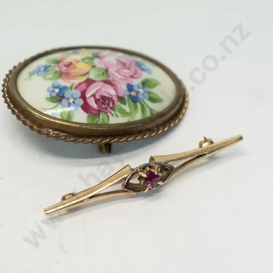 9ct bar brooch & Limoges brooch