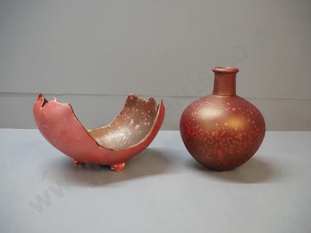 2 Danny Moorwood studio pottery pieces - red metallic speckle glaze bottle vase H-230 and free-form dish L-260 Image 1++