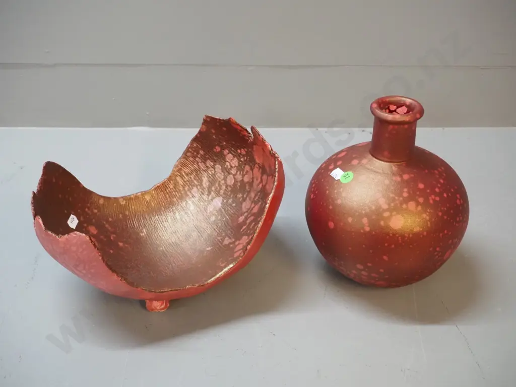 2 Danny Moorwood studio pottery pieces - red metallic speckle glaze bottle vase H-230 and free-form dish L-260 Image 1++