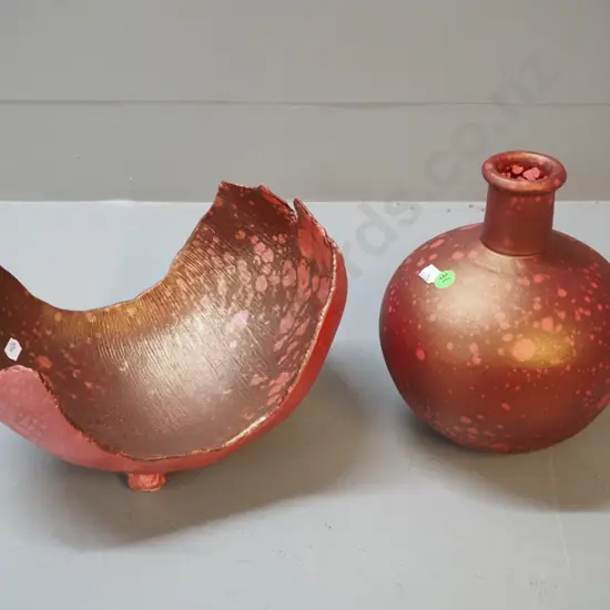 2 Danny Moorwood studio pottery pieces - red metallic speckle glaze bottle vase H-230 and free-form dish L-260