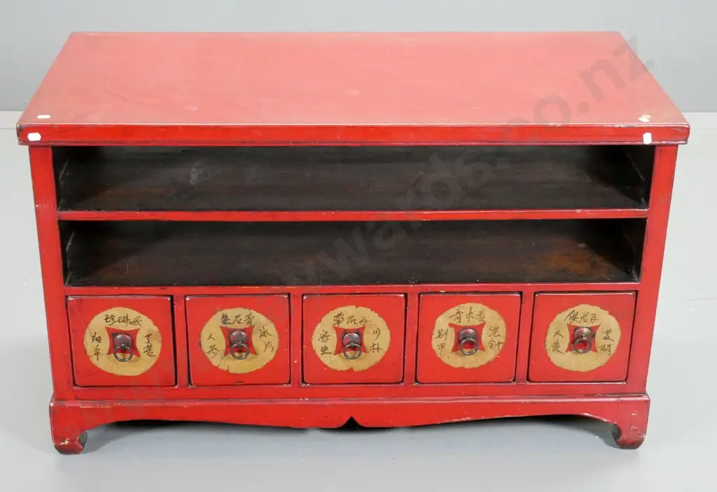 reproduction traditional style Chinese red laquer cabinet w/ 5 small drawers, open shelf above H600 W1000 D500 Image 1++