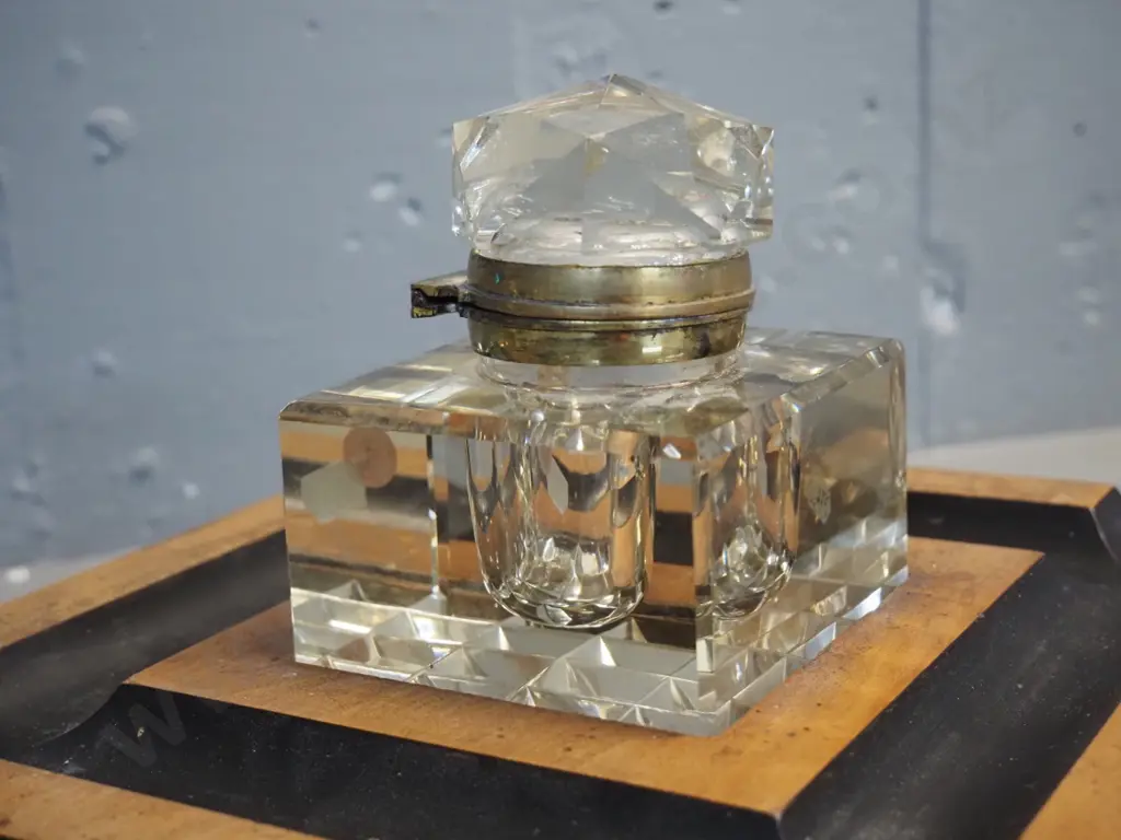 deco style timber writing stand with square heavy glass inkwell with hinged top - base 170 x 170, inkwell H-60 Image 1++