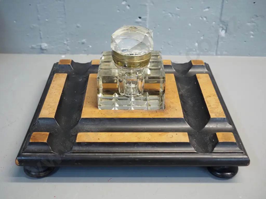 deco style timber writing stand with square heavy glass inkwell with hinged top - base 170 x 170, inkwell H-60 Image 1++