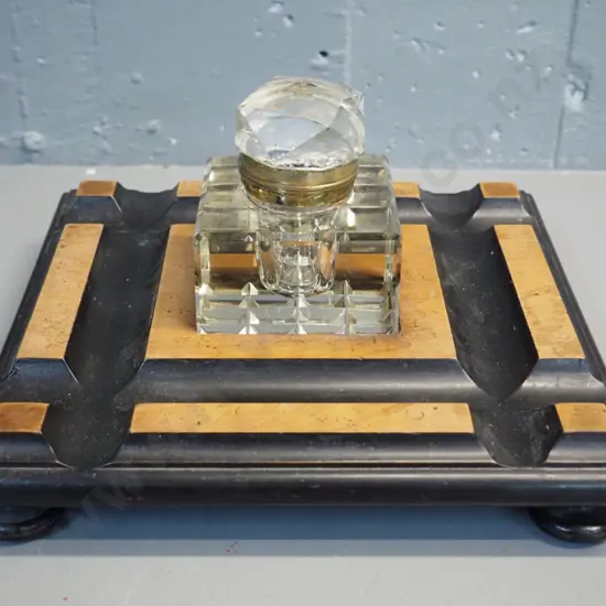 deco style timber writing stand with square heavy glass inkwell with hinged top - base 170 x 170, inkwell H-60