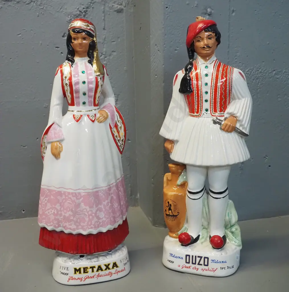 pair of Italian ceramic figural decanters - Metaxa / Ouzo female H470 and male has repair to neck Image 1++