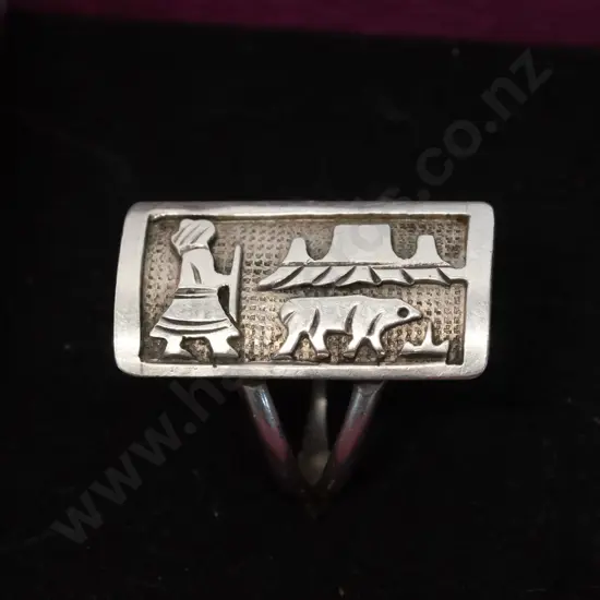 silver ring with girl scene stamped sterling