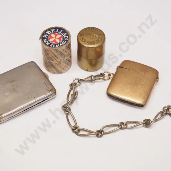 2 plated vesta cases 1 with part chain & 2 round box vesta holders 1 with 'Capstan' plated, & 1 R.Bell Co NZ