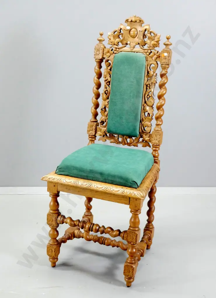 vintage oak heavily carved hall chair with upholstered seat and back replacing original cane, has had repairs H1150 W470 Image 1++