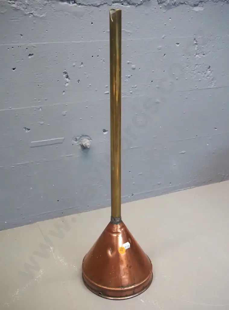 vintage copper and brass long-stemmed funnel - has had repair, slight dents L-520 D-150 at rim Image 1++
