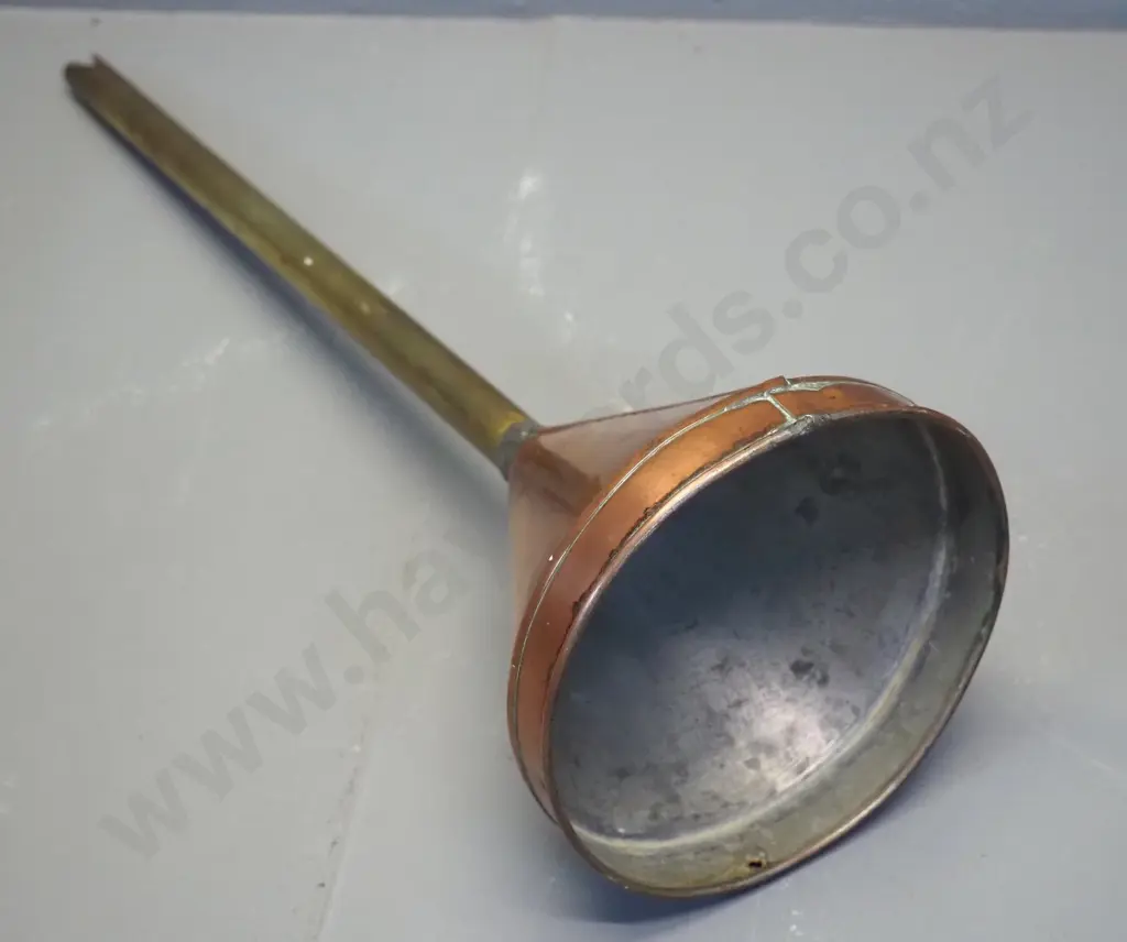 vintage copper and brass long-stemmed funnel - has had repair, slight dents L-520 D-150 at rim Image 1++