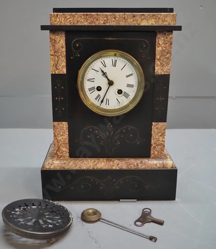 restorer's marble cased mantel clock - not working,  with pendulum/key, some damage to face, back hatch off H360 W260 Image 1++