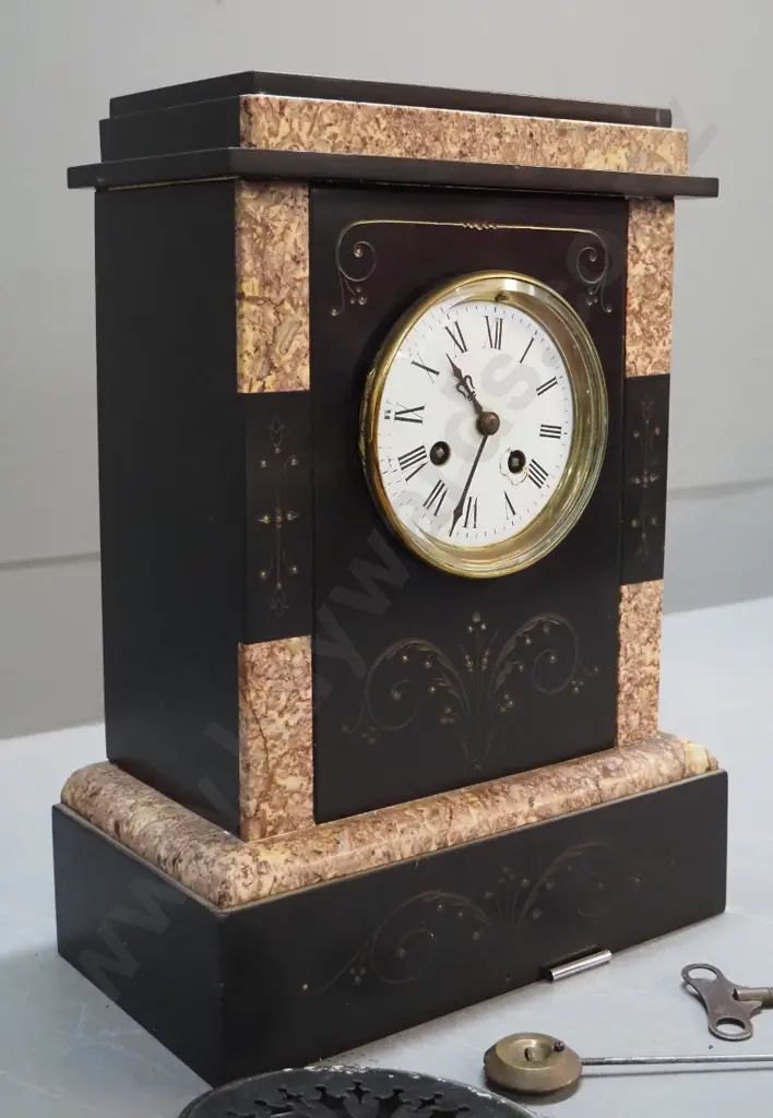 restorer's marble cased mantel clock - not working,  with pendulum/key, some damage to face, back hatch off H360 W260 Image 1++