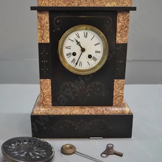 restorer's marble cased mantel clock - not working,  with pendulum/key, some damage to face, back hatch off H360 W260