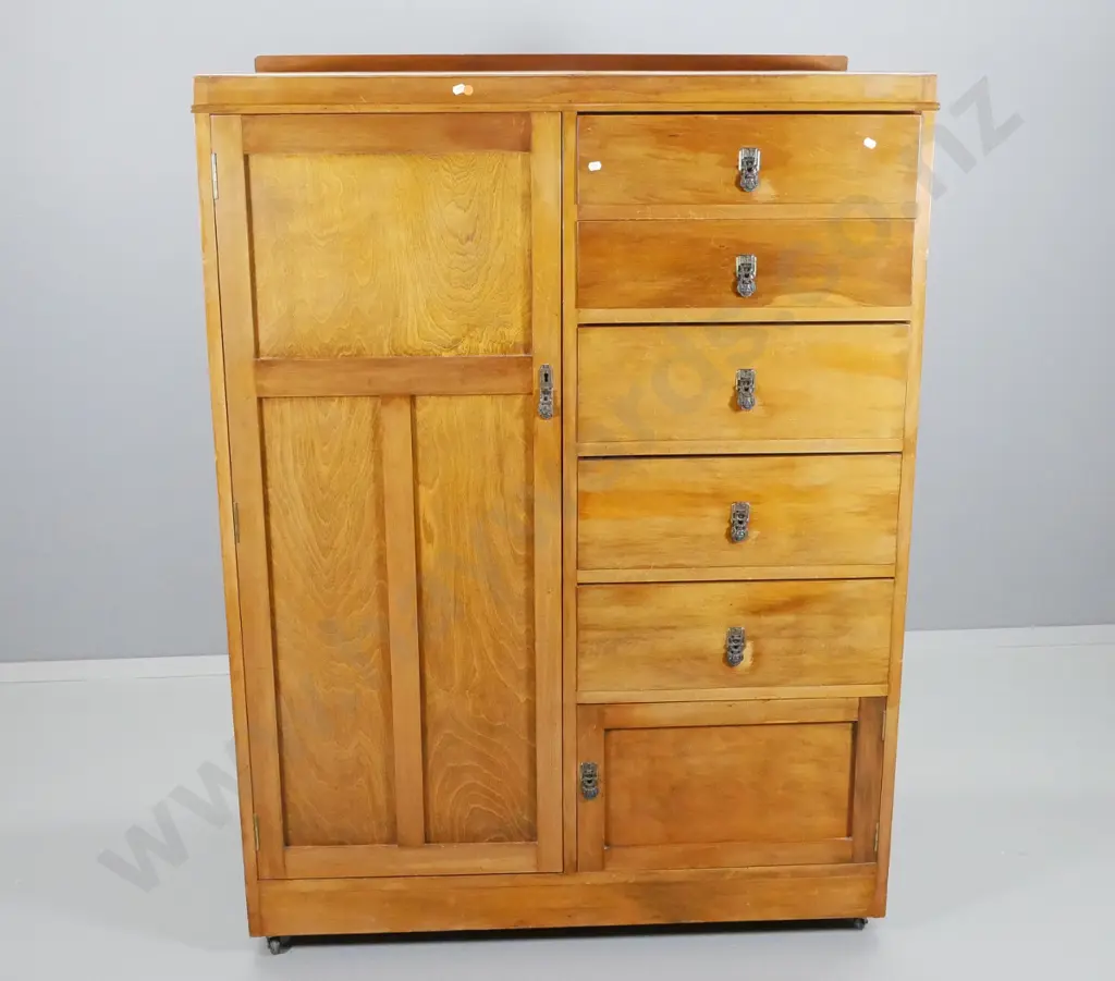 deco style NZ beech 5-drawer manrobe with original drop handles and escutcheons H1460 W1070 D540 Image 1++