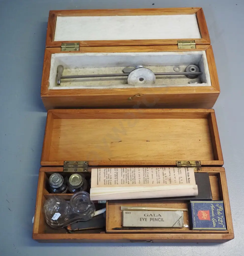 two wooden boxes: writing box with inks, glass inkwell, slide rule etc, other with circular glass cutter H100 L360 W120 Image 1++