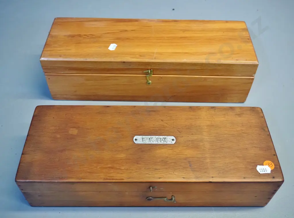 two wooden boxes: writing box with inks, glass inkwell, slide rule etc, other with circular glass cutter H100 L360 W120 Image 1++