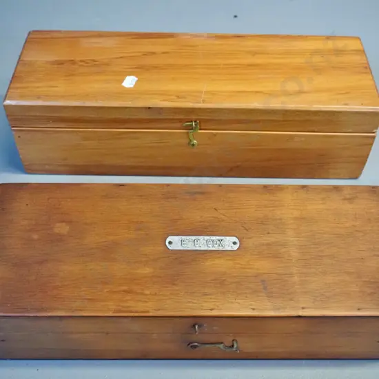 two wooden boxes: writing box with inks, glass inkwell, slide rule etc, other with circular glass cutter H100 L360 W120