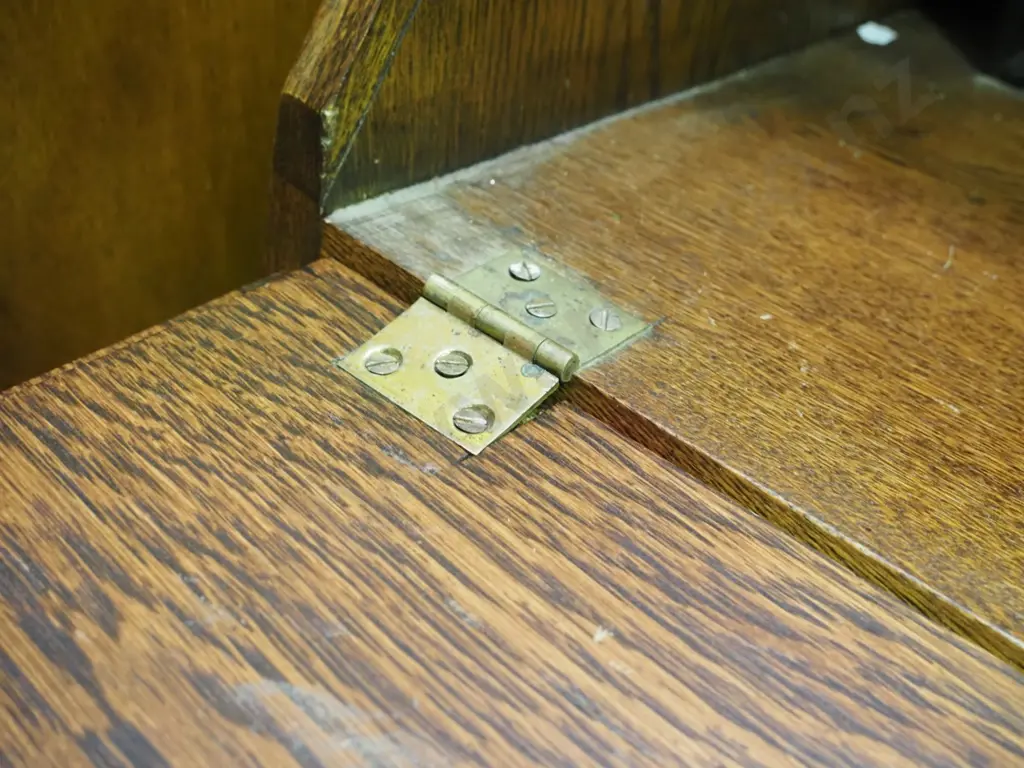 deco oak 3-drawer drop front writing bureau in restorer's condition - support knob missing, 1 handle and a piece of bead Image 1++