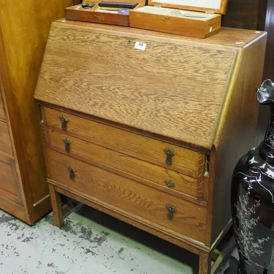 deco oak 3-drawer drop front writing bureau in restorer's condition - support knob missing, 1 handle and a piece of bead