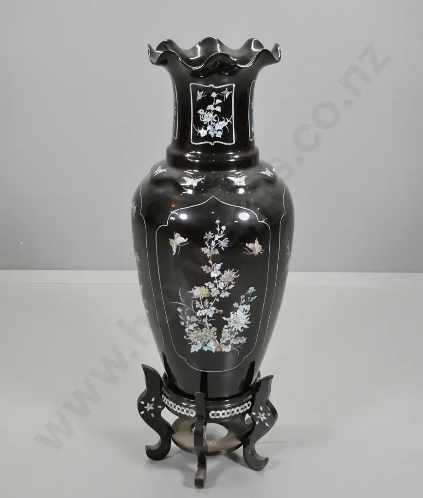 asian composite large floor vase & timber stand, both with mother of pearl inlay - split in base H980 D340 Image 1++
