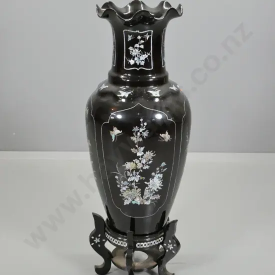 asian composite large floor vase & timber stand, both with mother of pearl inlay - split in base H980 D340